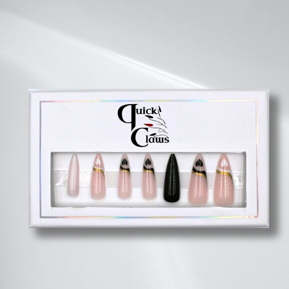 Poker-Inspired Stiletto Press-On Nails – Bold Pink & Black - Picture 2 of 3